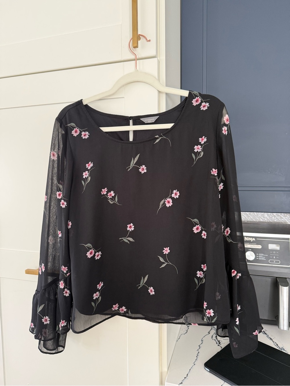 Denver Hayes Black Sheer Blouse with Pink Floral Embroidery